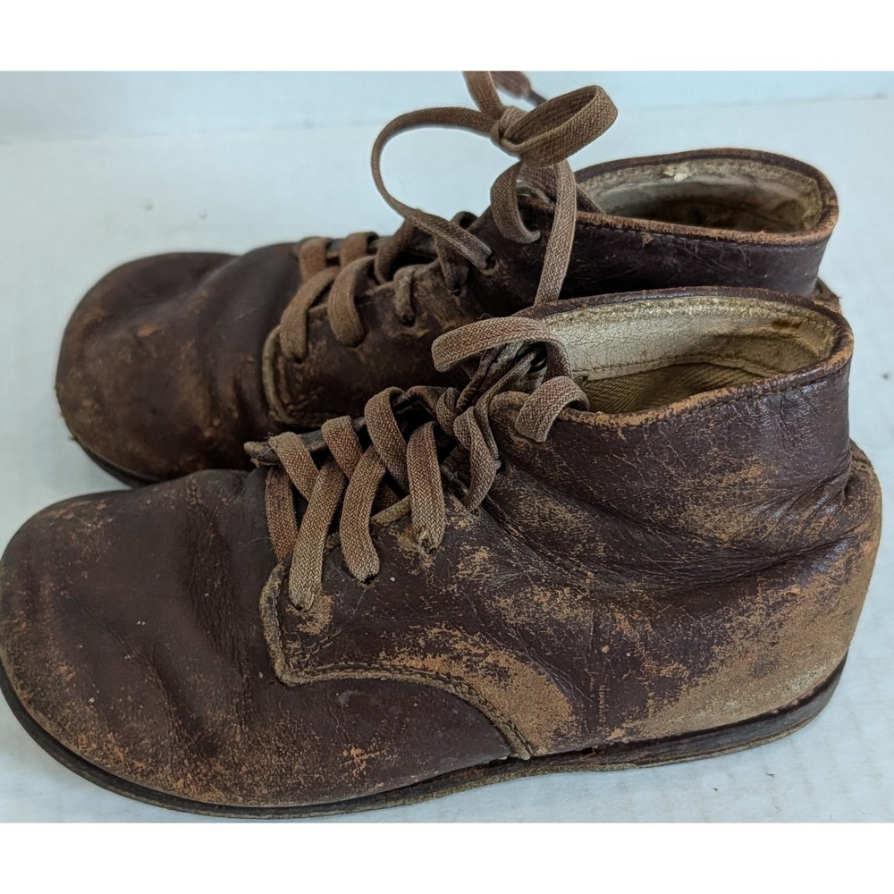 Vintage Brown Leather Baby Toddler Lace Up High Top Shoes Boots Pair